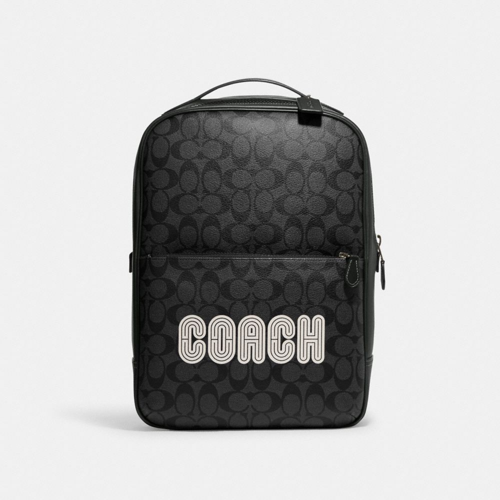COACH®,WESTWAY BACKPACK IN COLORBLOCK SIGNATURE CANVAS WITH COACH PATCH,X-Large,Black Antique Nickel/Charcoal/Amazon Green,Front View
