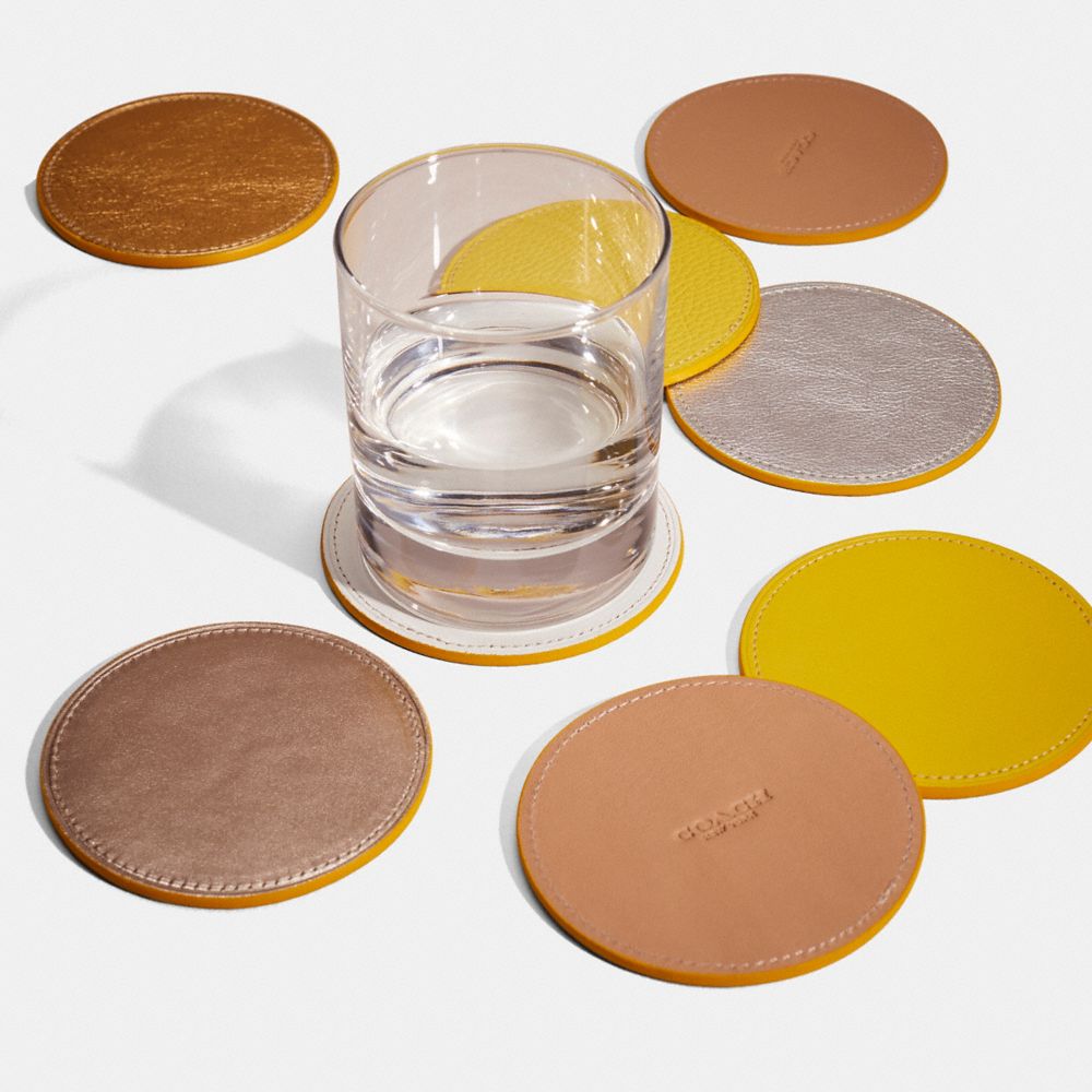COACH®,Remade Coaster Set,Leather,Drink Coaster,Leather,Gold Embellishment,Pink,Inside View, Top View