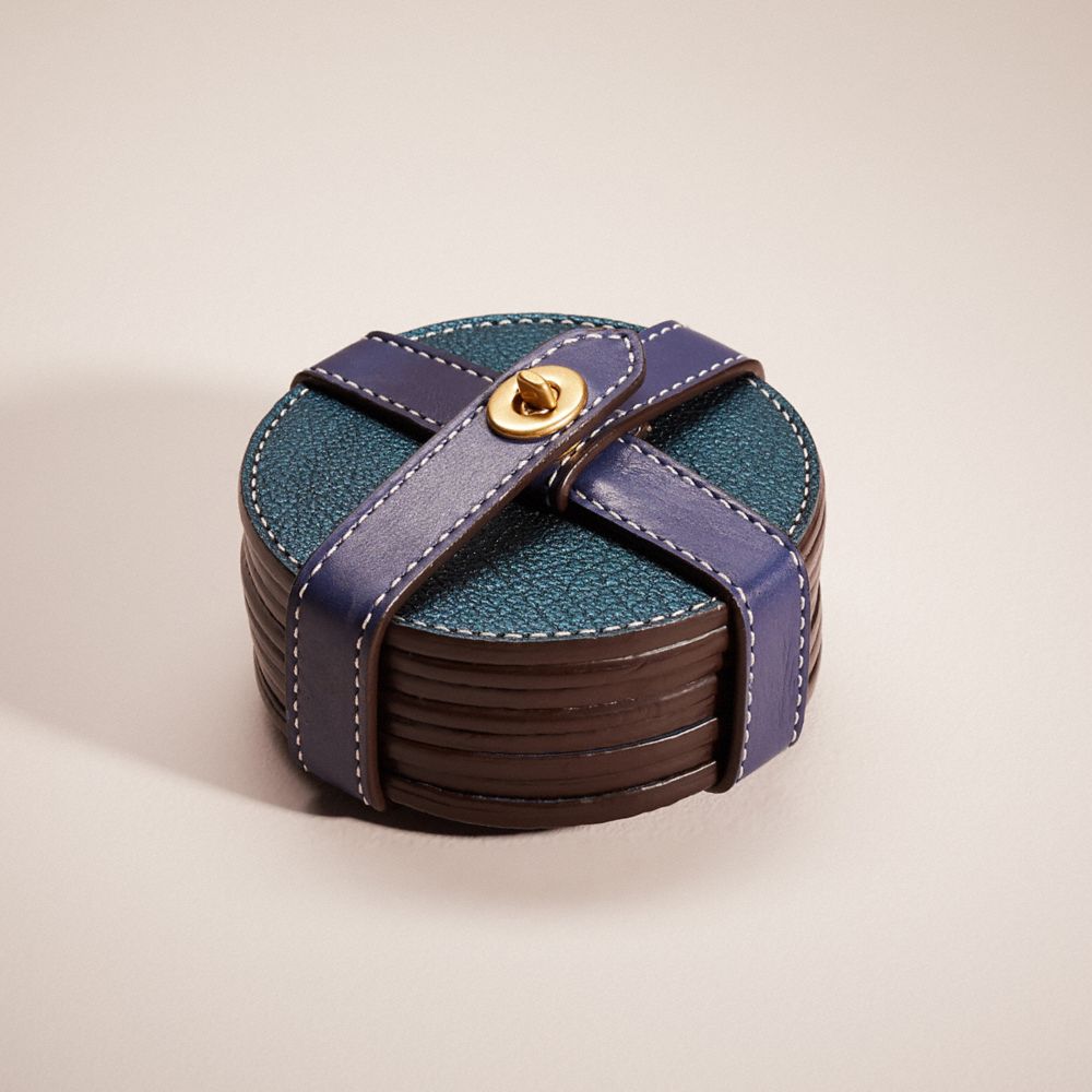 COACH®,Remade Coaster Set,Leather,Drink Coaster,Leather,Gold Embellishment,Teal,Front View
