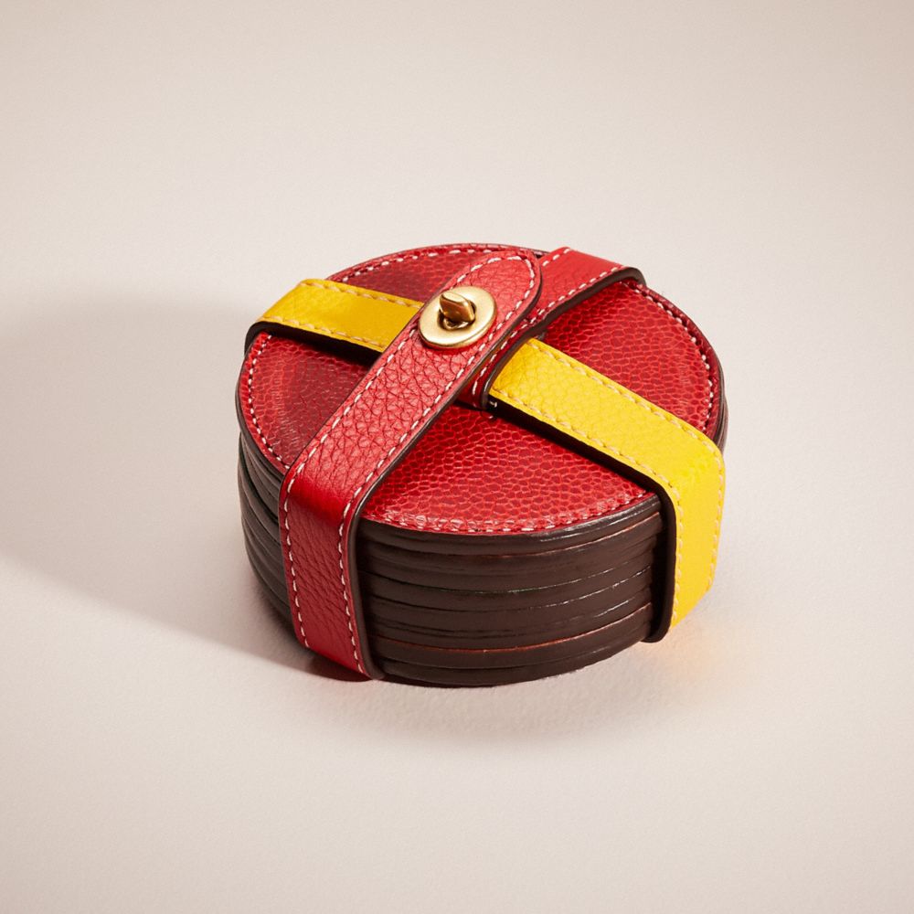 COACH®,Remade Coaster Set,Leather,Drink Coaster,Leather,Gold Embellishment,Red,Front View