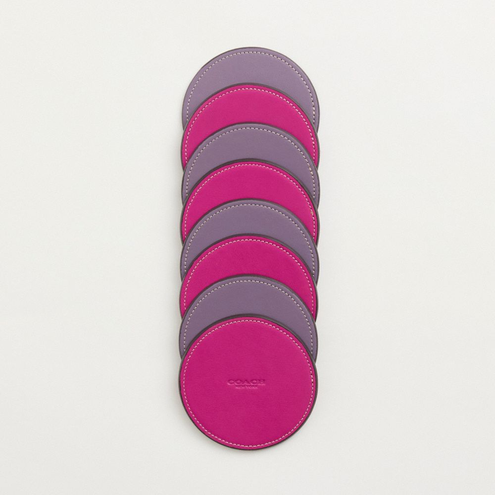 COACH®,Remade Coaster Set,Leather,Drink Coaster,Leather,Gold Embellishment,Purple,Inside View,Top View