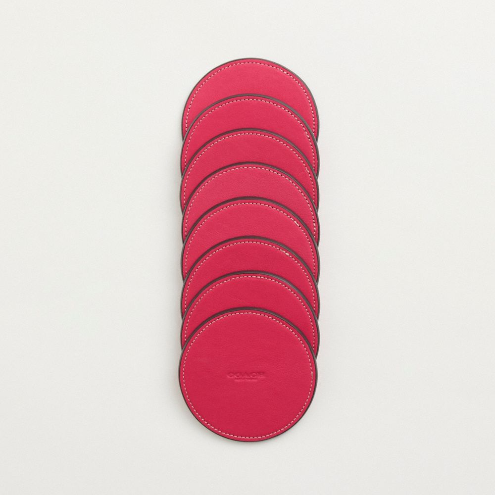 COACH®,Remade Coaster Set,Leather,Drink Coaster,Leather,Gold Embellishment,Red,Inside View,Top View