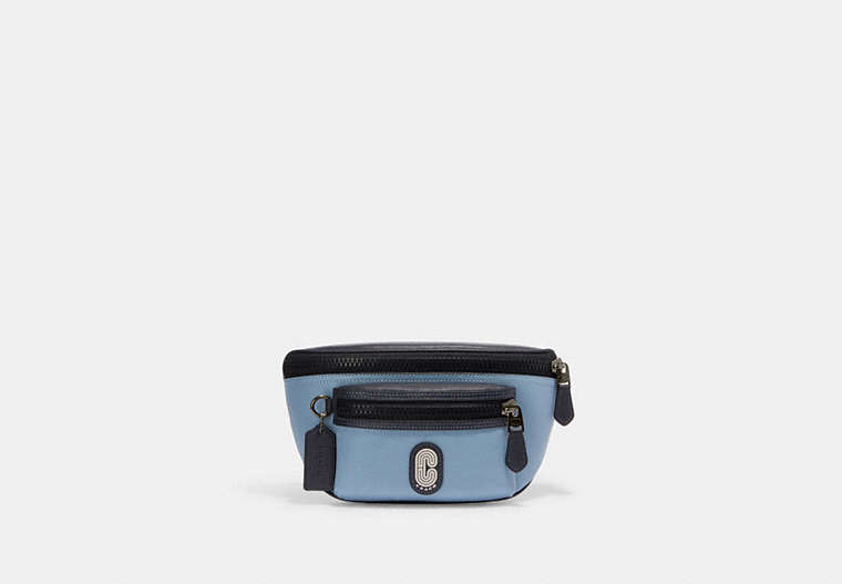 COACH®,WESTWAY BELT BAG IN COLORBLOCK WITH COACH PATCH,Smooth Calf Leather,Small,Black Antique Nickel/Cornflower/Midnight,Front View