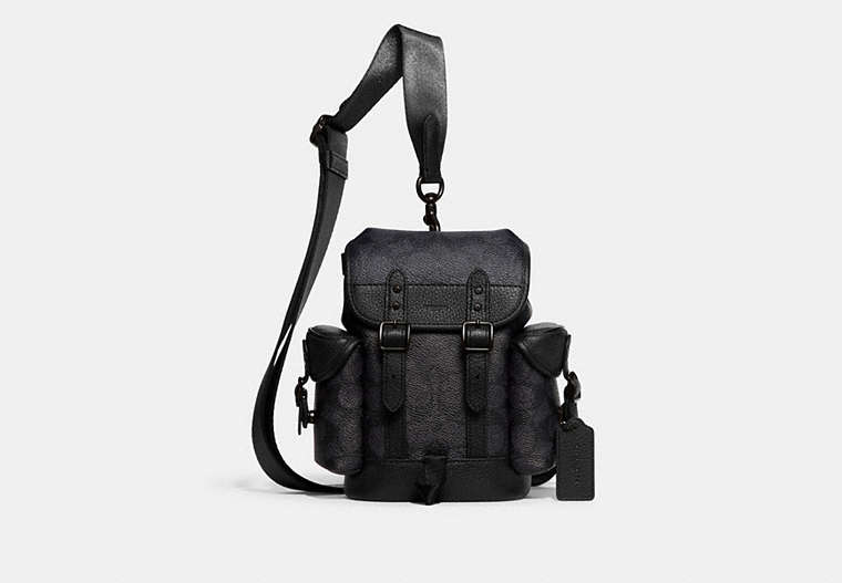 COACH®,HITCH BACKPACK 13 IN SIGNATURE CANVAS,Signature Coated Canvas,Mini,Charcoal,Front View image number 0
