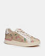 COACH®,CLIP LOW TOP SNEAKER IN SIGNATURE CANVAS WITH HEART CHERRY PRINT,pvc,Khaki/Pink,Front View