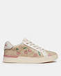 COACH®,CLIP LOW TOP SNEAKER IN SIGNATURE CANVAS WITH HEART CHERRY PRINT,pvc,Khaki/Pink,Angle View