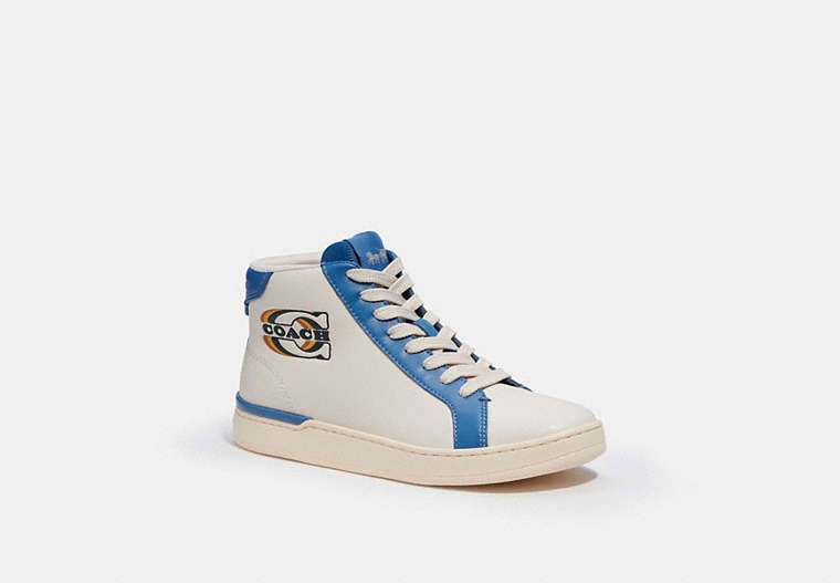 COACH®,CLIP HIGH TOP SNEAKER WITH PATCH,Chalk/ Sky Blue,Front View