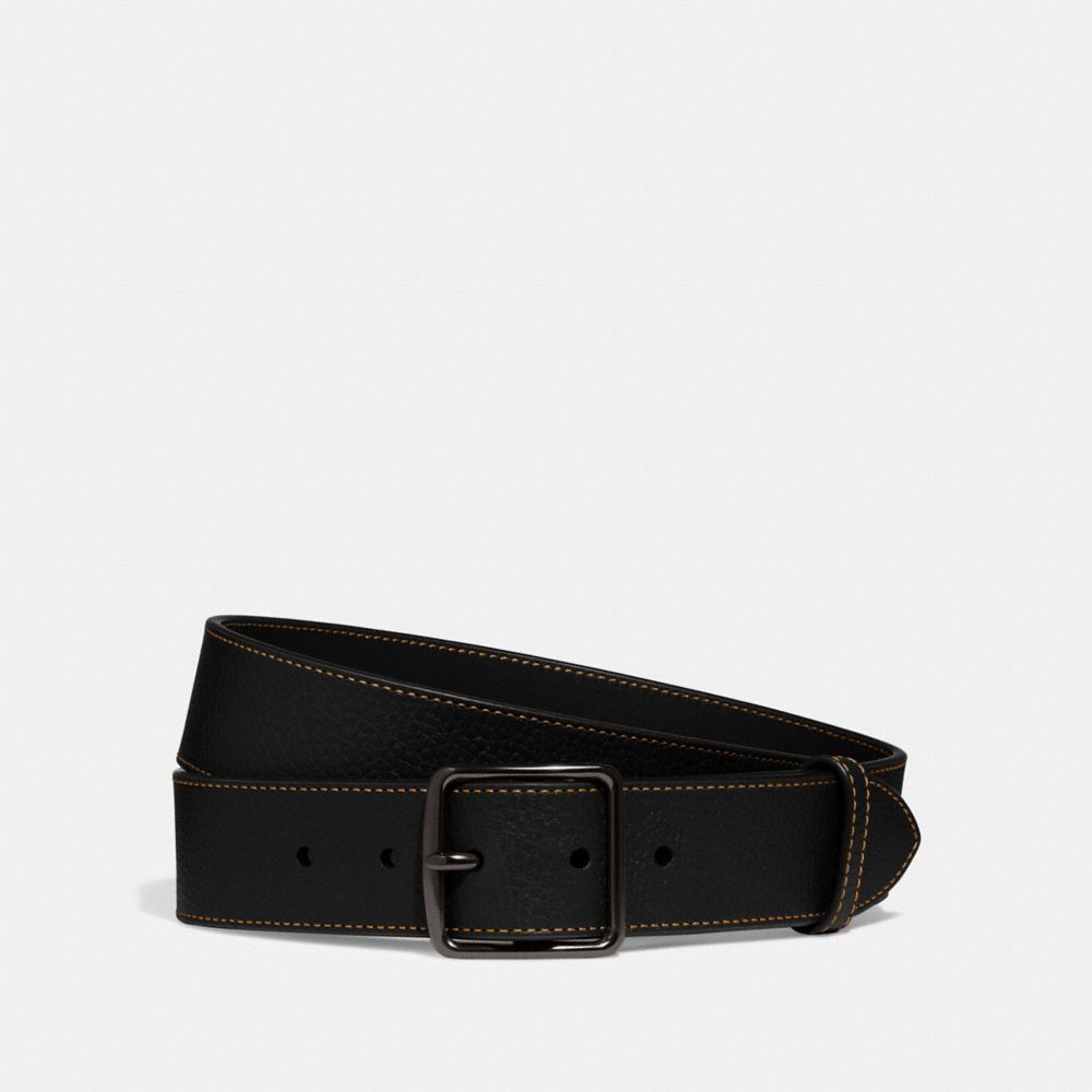 COACH®,HARNESS BUCKLE BELT, 38MM,Leather,Black,Front View image number 0