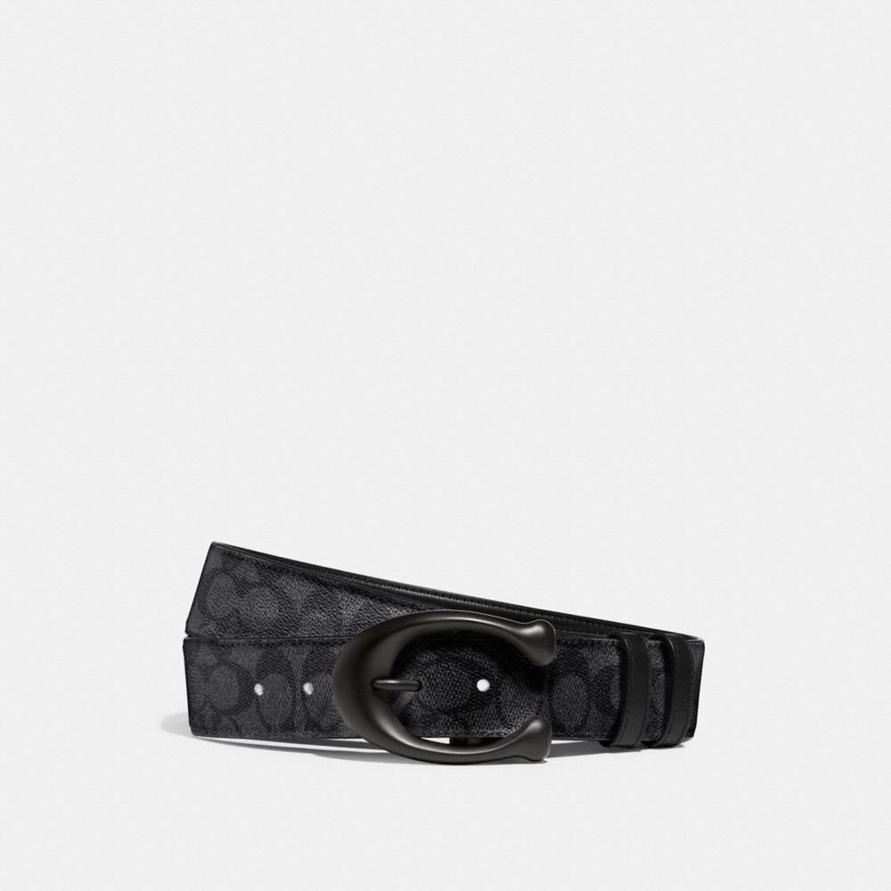 COACH®,SCULPTED C BUCKLE CUT-TO-SIZE REVERSIBLE BELT, 40MM,Signature Coated Canvas,Black/Charcoal,Front View