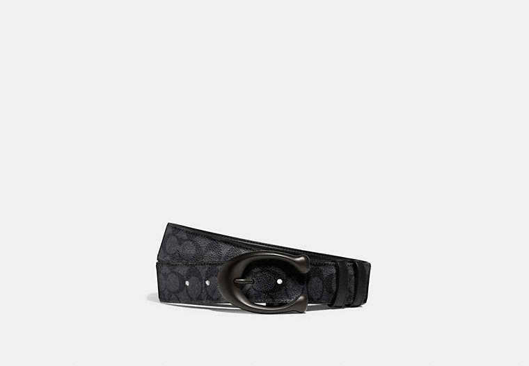 COACH®,SCULPTED C BUCKLE CUT-TO-SIZE REVERSIBLE BELT, 40MM,Signature Coated Canvas,Black/Charcoal,Front View