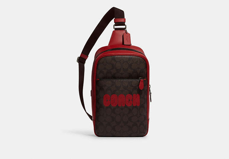 COACH®,WESTWAY PACK IN COLORBLOCK SIGNATURE CANVAS WITH COACH PATCH,Signature Coated Canvas,Medium,Gunmetal/Mahogany/Bright Cardinal,Front View
