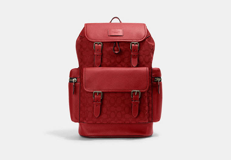 COACH®,SPRINT BACKPACK IN SIGNATURE JACQUARD,Refined Pebble Leather,X-Large,Everyday,Black Antique Nickel/Red Apple,Front View