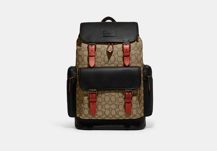 COACH®,SPRINT BACKPACK IN SIGNATURE JACQUARD,Refined Pebble Leather,Everyday,Black Antique Nickel/Khaki/Black Multi,Front View image number 0