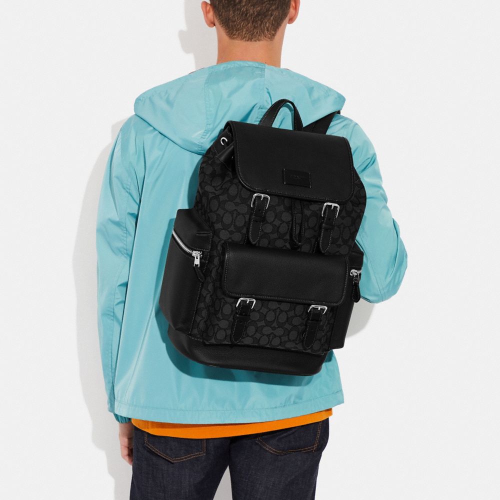 COACH®,Sprint Backpack In Signature Jacquard,Calfskin Leather,Cotton Blend,Recycled Polyester,Leather,Backpack,Mixed Media...,Multi Color,Detail View