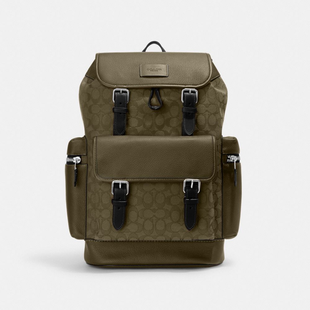 COACH®,Sprint Backpack In Signature Jacquard,Cotton Blend,Calfskin Leather,Recycled Polyester,Leather,Backpack,Mixed Media...,Olive,Front View