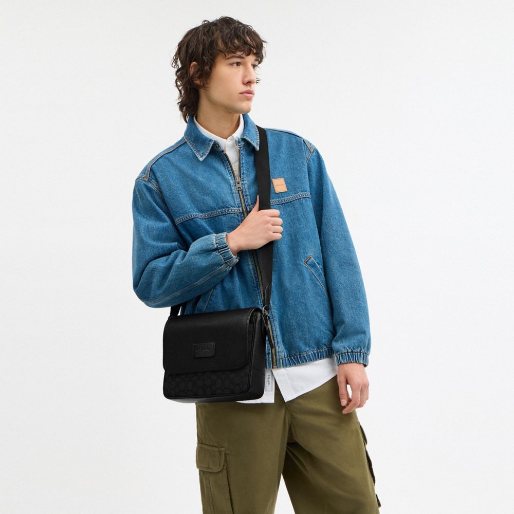 COACH®,Sprint Map Bag 25 In Signature Jacquard,Recycled Polyester,Calfskin Leather,Leather,Cotton Blend,Crossbody,Logo,Mix...,Multi Color,Detail View