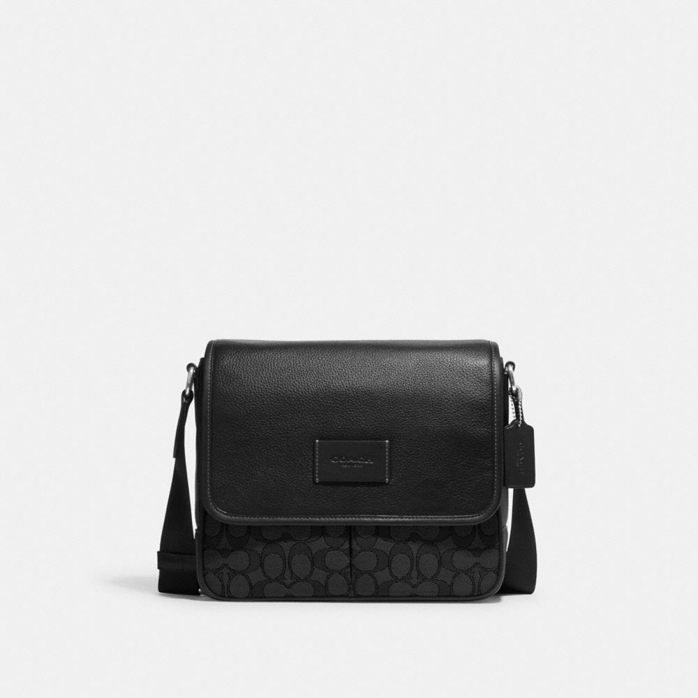 COACH®,BESACE SPRINT 25 EN JACQUARD SIGNATURE,Argenté/Anthracite/Noir,Front View