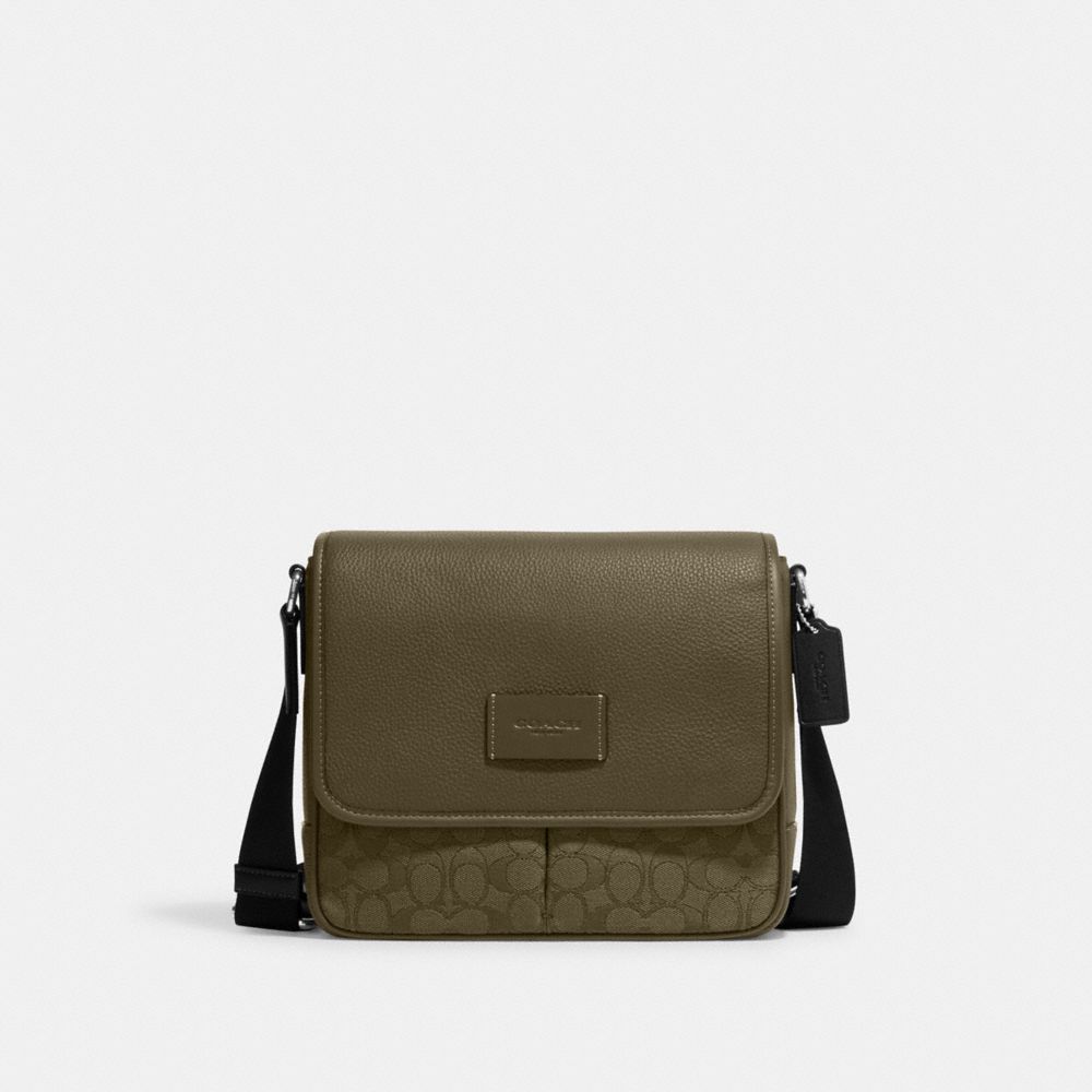 COACH®,BESACE SPRINT 25 EN JACQUARD SIGNATURE,Tissu en toile exclusif,Argent/Olive terne/Vert utilitaire,Front View