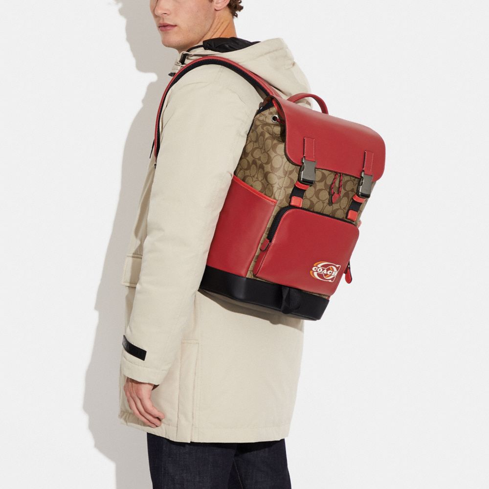 Coach (CE543) Track Colorblock Khaki Canvas Red Leather Logo Stamp Backpack  Bag 