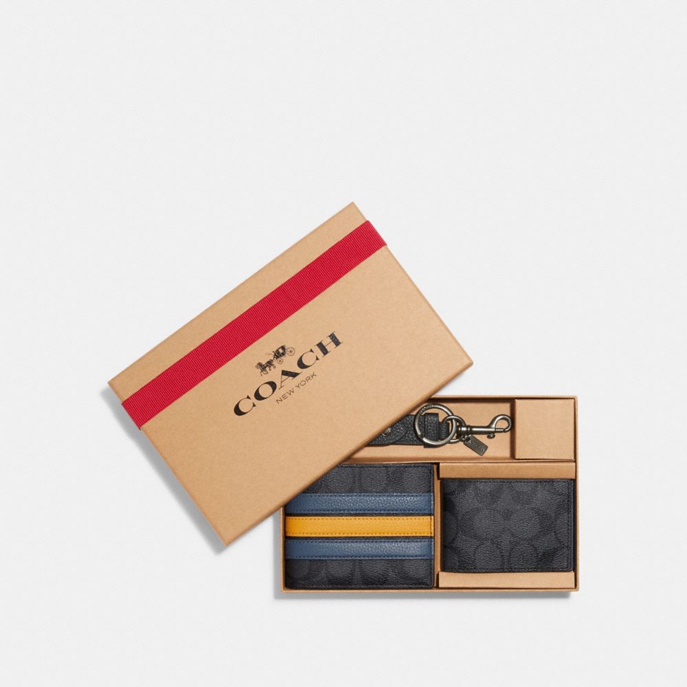 COACH®,BOXED 3-IN-1 WALLET GIFT SET IN SIGNATURE CANVAS WITH VARSITY STRIPE,Mini,Gunmetal/Charcoal/Denim Multi,Front View