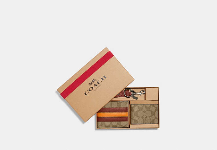 COACH®,BOXED 3-IN-1 WALLET GIFT SET IN SIGNATURE CANVAS WITH VARSITY STRIPE,Signature Coated Canvas,Mini,Black Antique Nickel/Khaki/Terracotta Multi,Front View