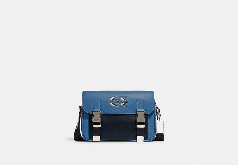 COACH®,TRACK CROSSBODY WITH COACH STAMP,Medium,Black Antique Nickel/Sky Blue/Midnight Multi,Front View