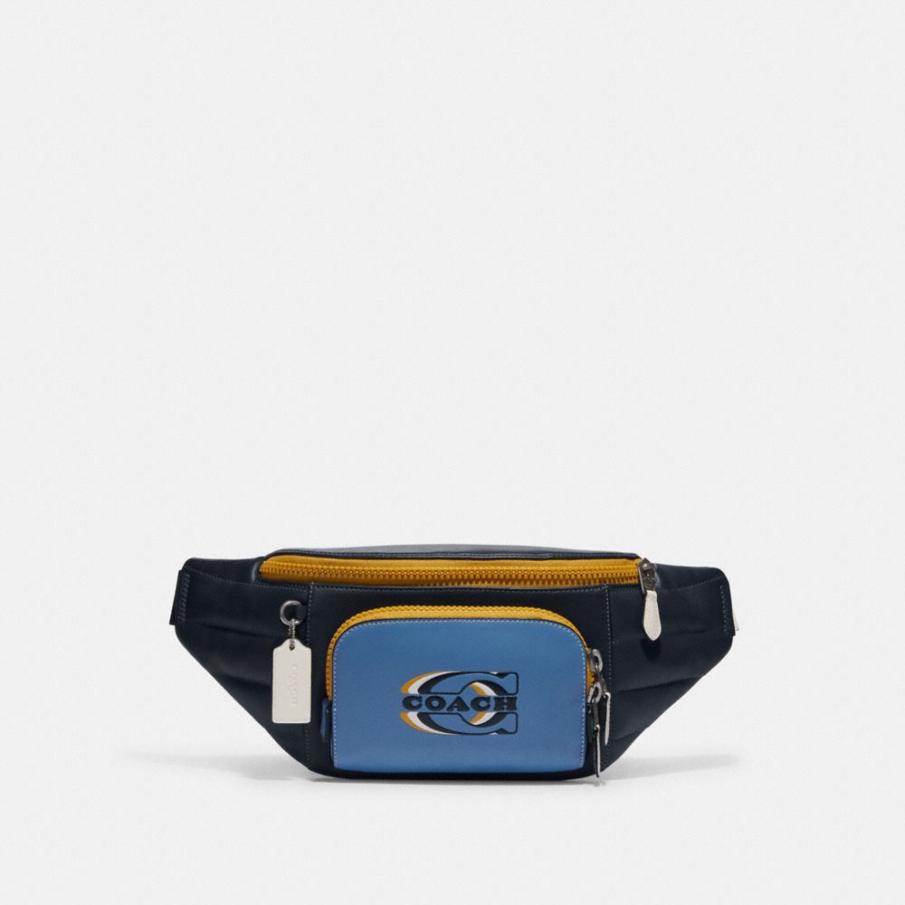 COACH®,TRACK BELT BAG WITH QUILTING AND COACH STAMP,Medium,Black Antique Nickel/Sky Blue/Midnight Multi,Front View
