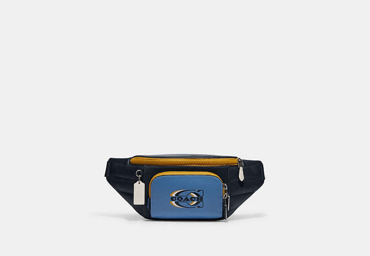 COACH®,TRACK BELT BAG WITH QUILTING AND COACH STAMP,Medium,Black Antique Nickel/Sky Blue/Midnight Multi,Front View