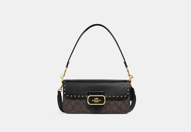 COACH®,MORGAN SHOULDER BAG IN COLORBLOCK SIGNATURE CANVAS WITH RIVETS,Small,Gold/Brown Black Multi,Front View image number 0