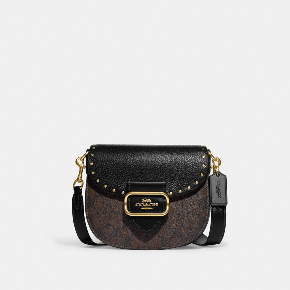 COACH®,MORGAN SADDLE BAG IN COLORBLOCK SIGNATURE CANVAS WITH RIVETS,Signature Canvas,Medium,Gold/Brown Black Multi,Front View