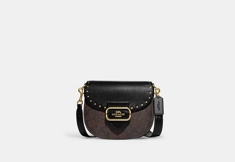 COACH®,MORGAN SADDLE BAG IN COLORBLOCK SIGNATURE CANVAS WITH RIVETS,Medium,Gold/Brown Black Multi,Front View