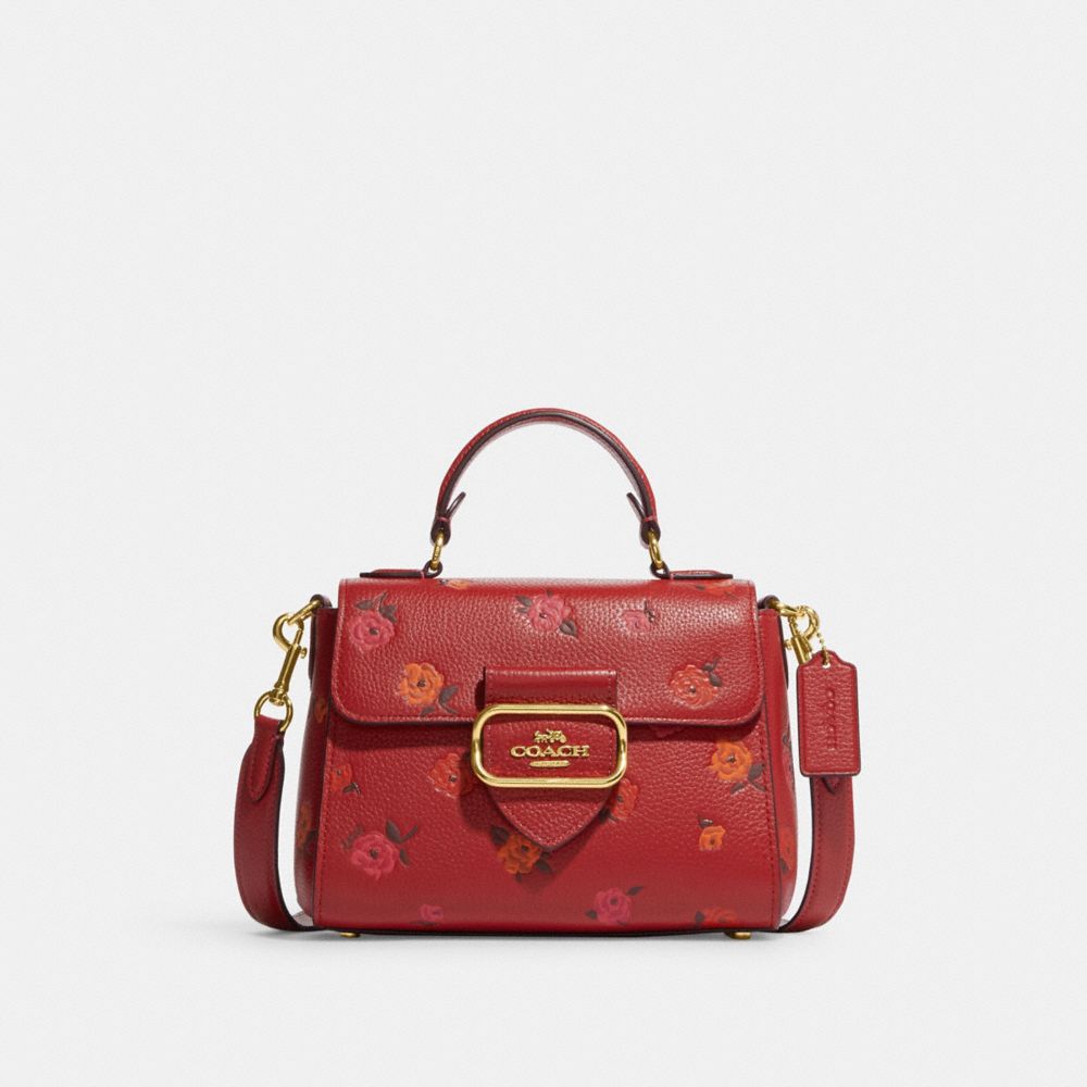 COACH®,MORGAN TOP HANDLE SATCHEL WITH PEONY PRINT,Refined Pebble Leather,Medium,Gold/Red Apple Multi,Front View