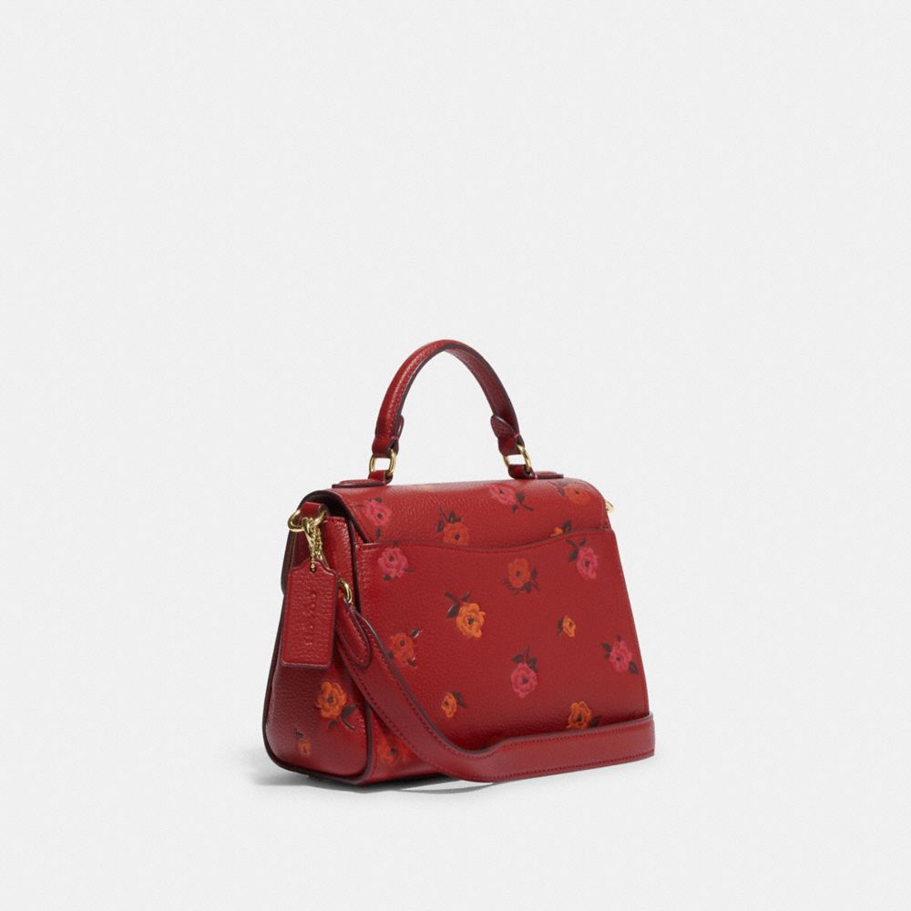 COACH®,MORGAN TOP HANDLE SATCHEL WITH PEONY PRINT,Refined Pebble Leather,Medium,Gold/Red Apple Multi,Angle View