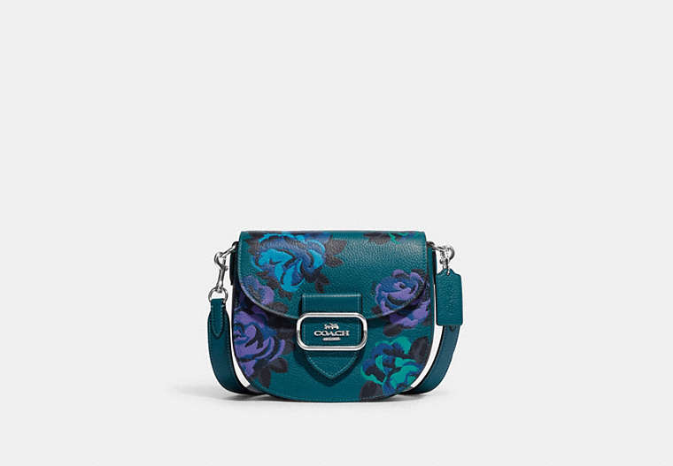 COACH®,MORGAN SADDLE BAG WITH JUMBO FLORAL PRINT,Refined Pebble Leather,Small,Silver/Deep Turquoise Multi,Front View