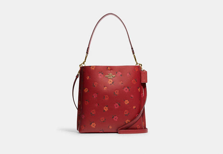 COACH®,MOLLIE BUCKET BAG WITH PEONY PRINT,Leather,Medium,Gold/Red Apple Multi,Front View