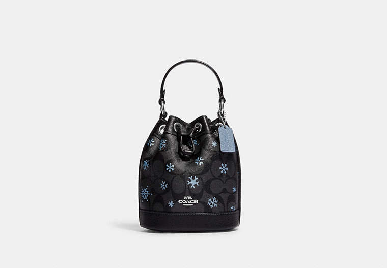 COACH®,DEMPSEY DRAWSTRING BUCKET BAG 15 IN SIGNATURE CANVAS WITH SNOWFLAKE PRINT,Signature Coated Canvas,Silver/Graphite/Cornflower Multi,Front View