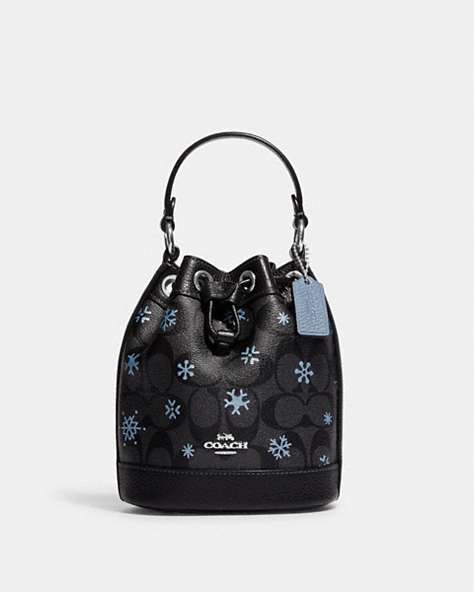 COACH®,DEMPSEY DRAWSTRING BUCKET BAG 15 IN SIGNATURE CANVAS WITH SNOWFLAKE PRINT,Signature Coated Canvas,Medium,Silver/Graphite/Cornflower Multi,Front View