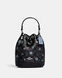 COACH®,DEMPSEY DRAWSTRING BUCKET BAG 15 IN SIGNATURE CANVAS WITH SNOWFLAKE PRINT,Signature Coated Canvas,Silver/Graphite/Cornflower Multi,Front View