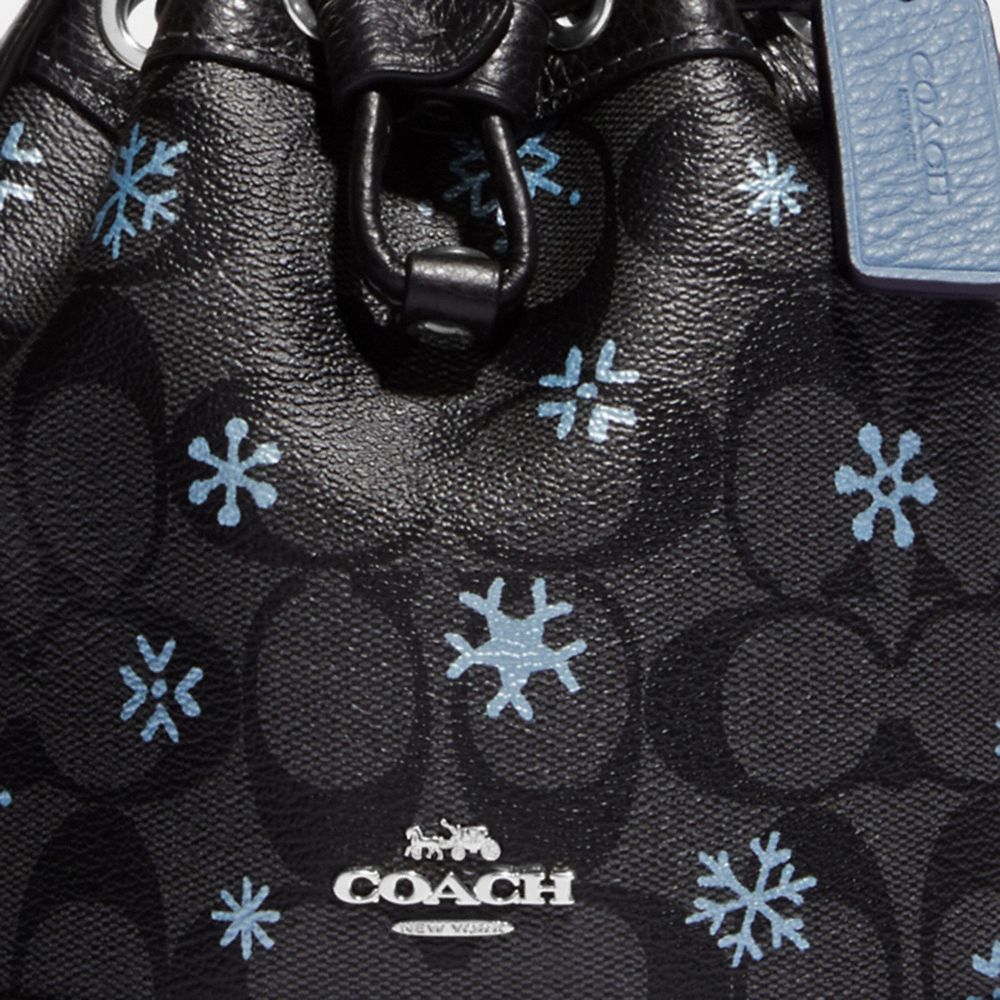 Coach Dempsey 15 Small Snowflake Print Khaki Coated Canvas Bucket Bag