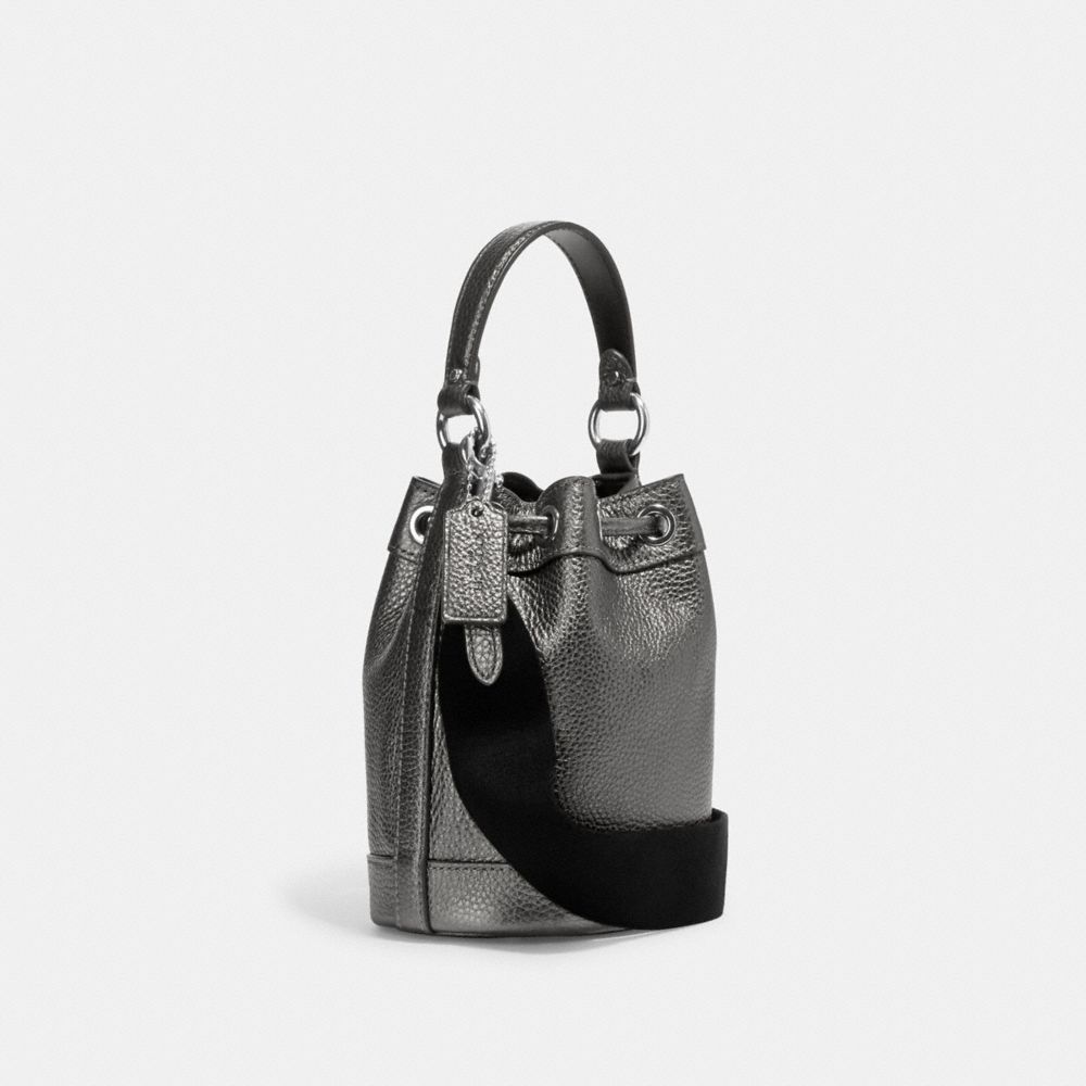 Silver Soft Leather Metallic Bucket Bag with Crossbody Chain Purse for Dresses