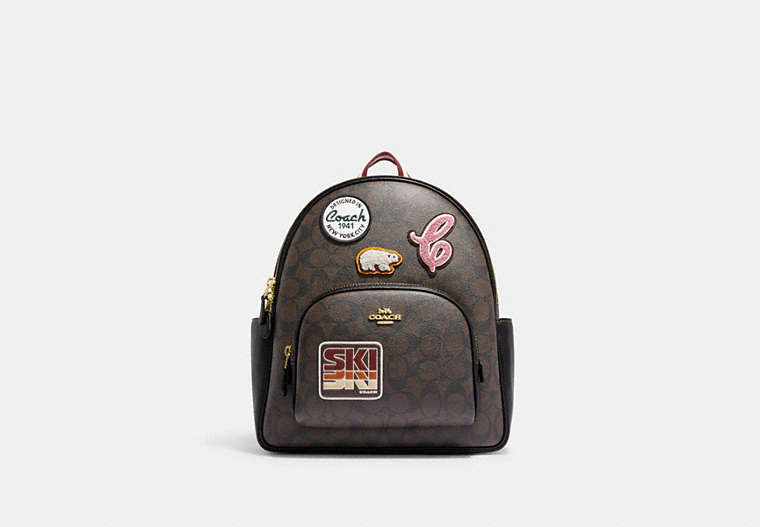 COACH®,COURT BACKPACK IN SIGNATURE CANVAS WITH SKI PATCHES,Large,Gold/Brown Black Multi,Front View