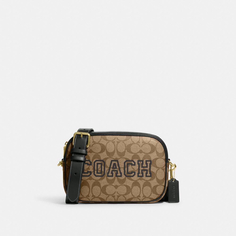 COACH®,JAMIE CAMERA BAG IN SIGNATURE CANVAS WITH VARSITY MOTIF,Medium,Gold/Khaki/Amazon Green,Front View