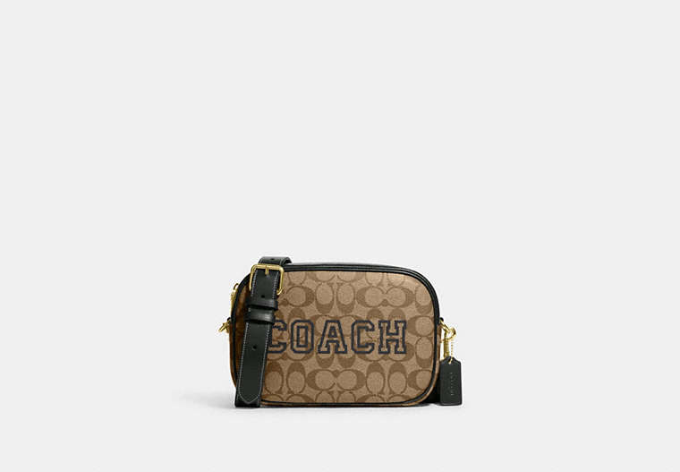 COACH®,JAMIE CAMERA BAG IN SIGNATURE CANVAS WITH VARSITY MOTIF,Gold/Khaki/Amazon Green,Front View