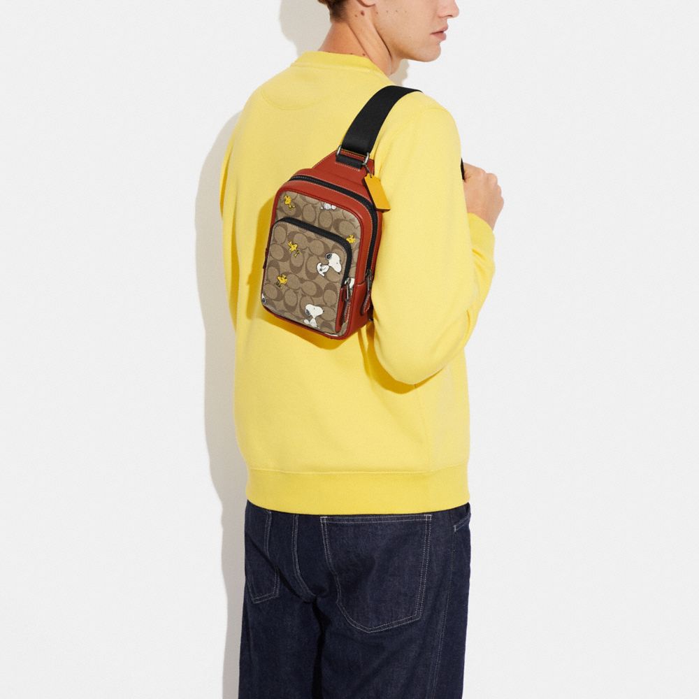 COACH®,Coach X Peanuts Track Pack 14 In Signature Canvas With Snoopy Woodstock Print,,Detail View