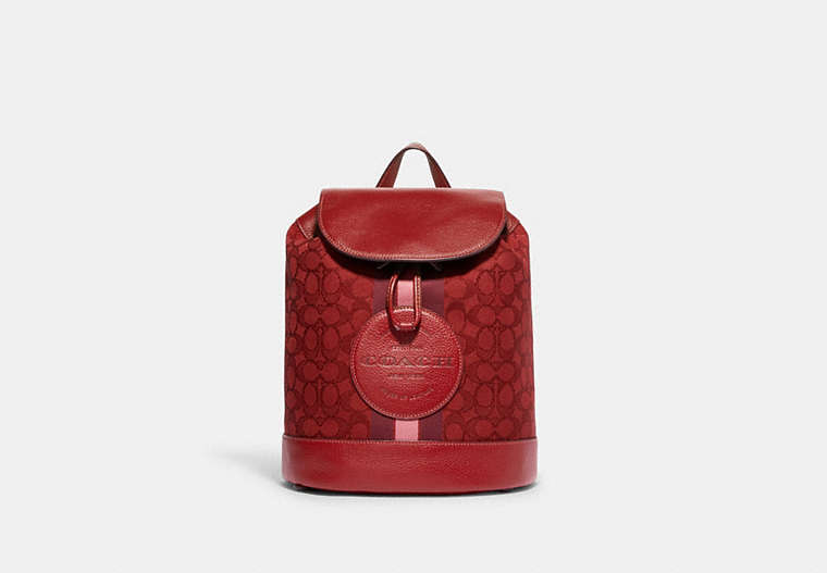 COACH®,DEMPSEY DRAWSTRING BACKPACK IN SIGNATURE JACQUARD WITH STRIPE AND COACH PATCH,Jacquard,Large,Gold/Red Apple Multi,Front View