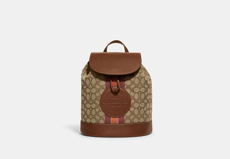 COACH®,DEMPSEY DRAWSTRING BACKPACK IN SIGNATURE JACQUARD WITH STRIPE AND COACH PATCH,Jacquard,Large,Im/Khaki/Saddle Multi,Front View