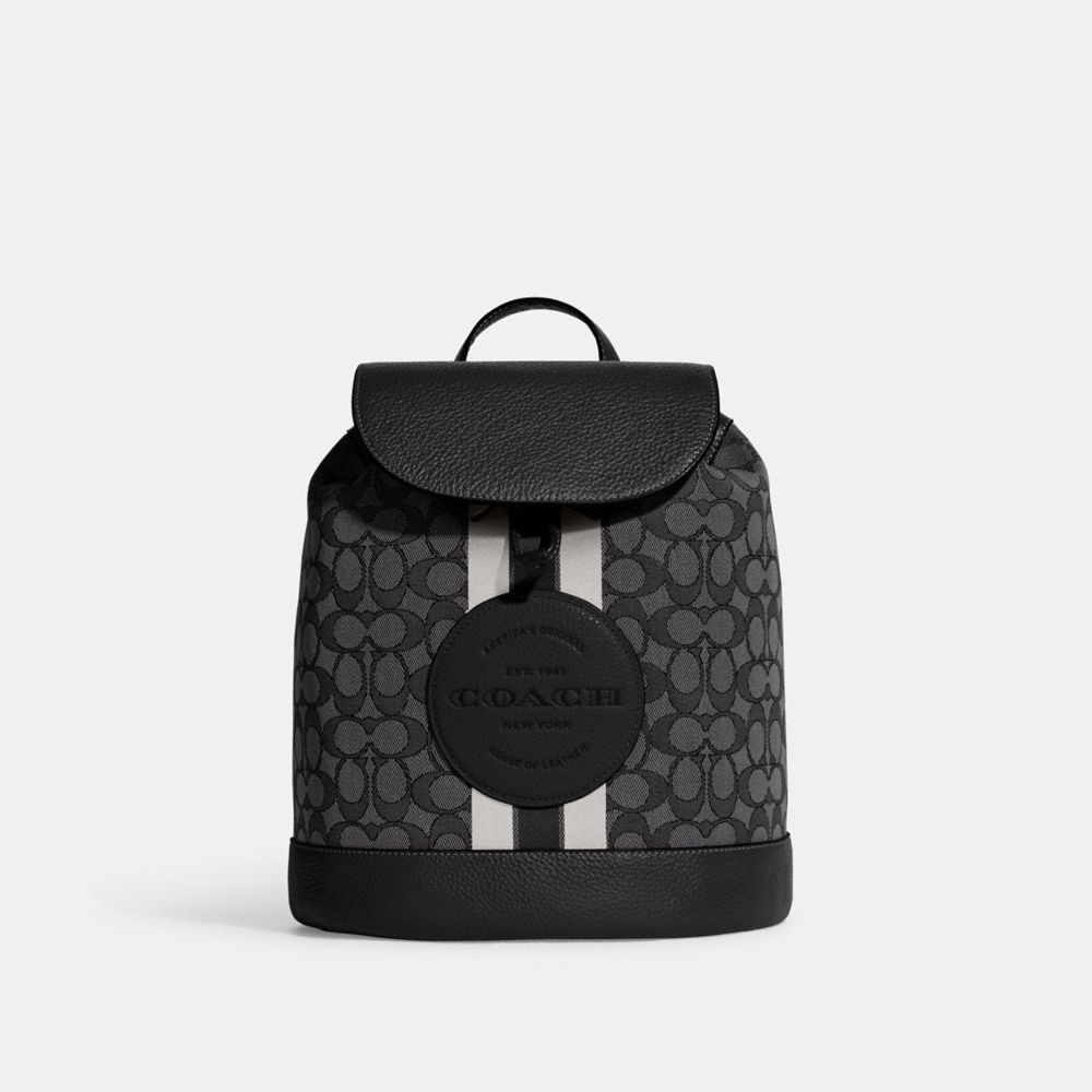 COACH®,DEMPSEY DRAWSTRING BACKPACK IN SIGNATURE JACQUARD WITH STRIPE AND COACH PATCH,Large,Silver/Black Smoke Black Multi,Front View