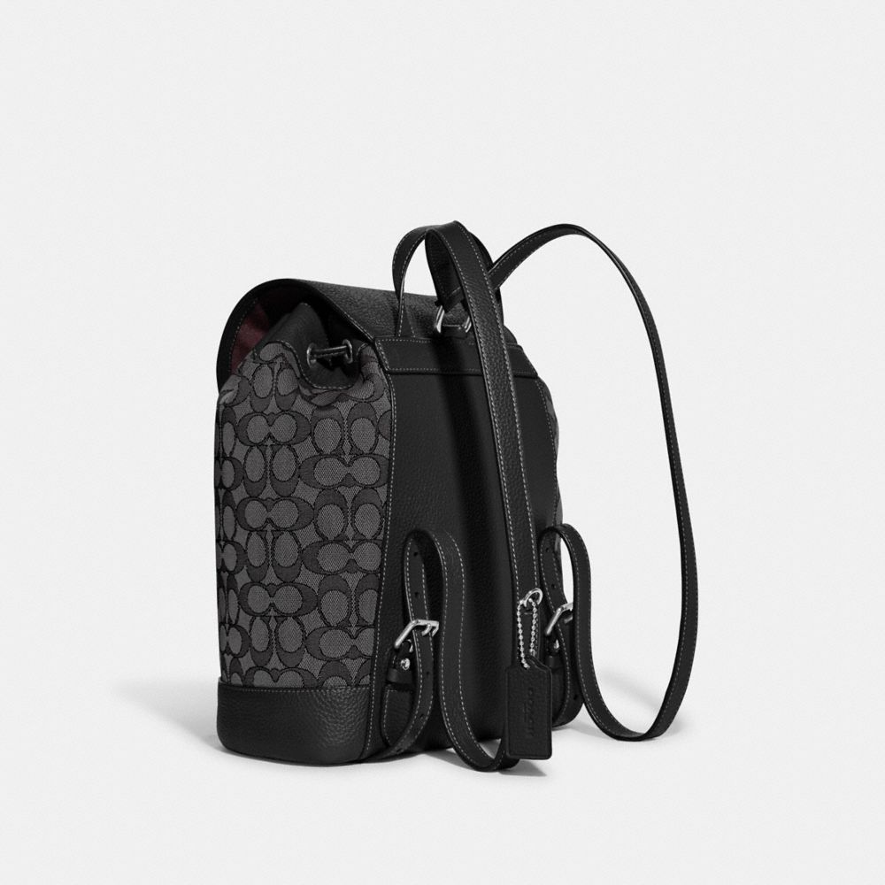 COACH®,DEMPSEY DRAWSTRING BACKPACK IN SIGNATURE JACQUARD WITH STRIPE AND COACH PATCH,Large,Silver/Black Smoke Black Multi,Angle View