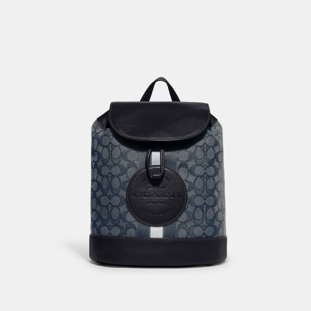 COACH®,DEMPSEY DRAWSTRING BACKPACK IN SIGNATURE JACQUARD WITH STRIPE AND COACH PATCH,Large,Silver/Denim/Midnight Navy Multi,Front View