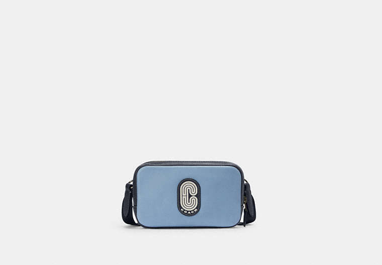 COACH®,CARRIER PHONE CROSSBODY IN COLORBLOCK WITH COACH PATCH,Smooth Calf Leather,Mini,Black Antique Nickel/Cornflower/Midnight,Front View